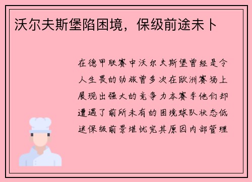 沃尔夫斯堡陷困境，保级前途未卜
