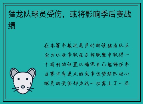 猛龙队球员受伤，或将影响季后赛战绩